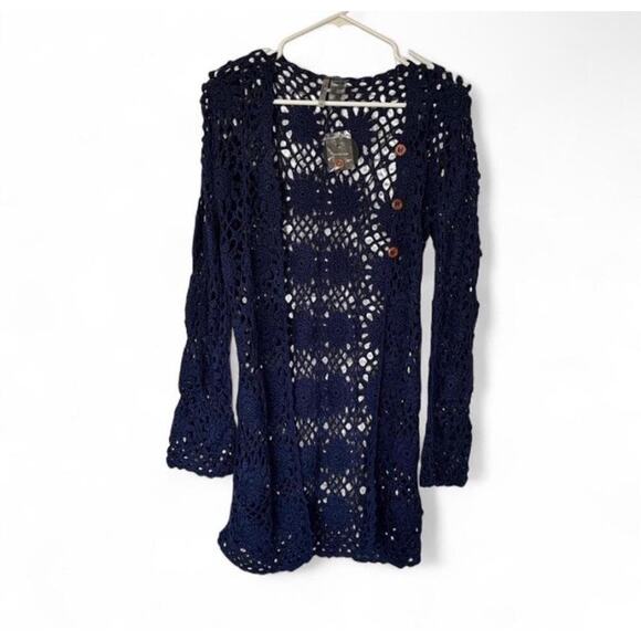 NWT Lulus Navy Blue Crochet Beach Swim Cover Up Cardigan Size XS - Picture 3 of 5